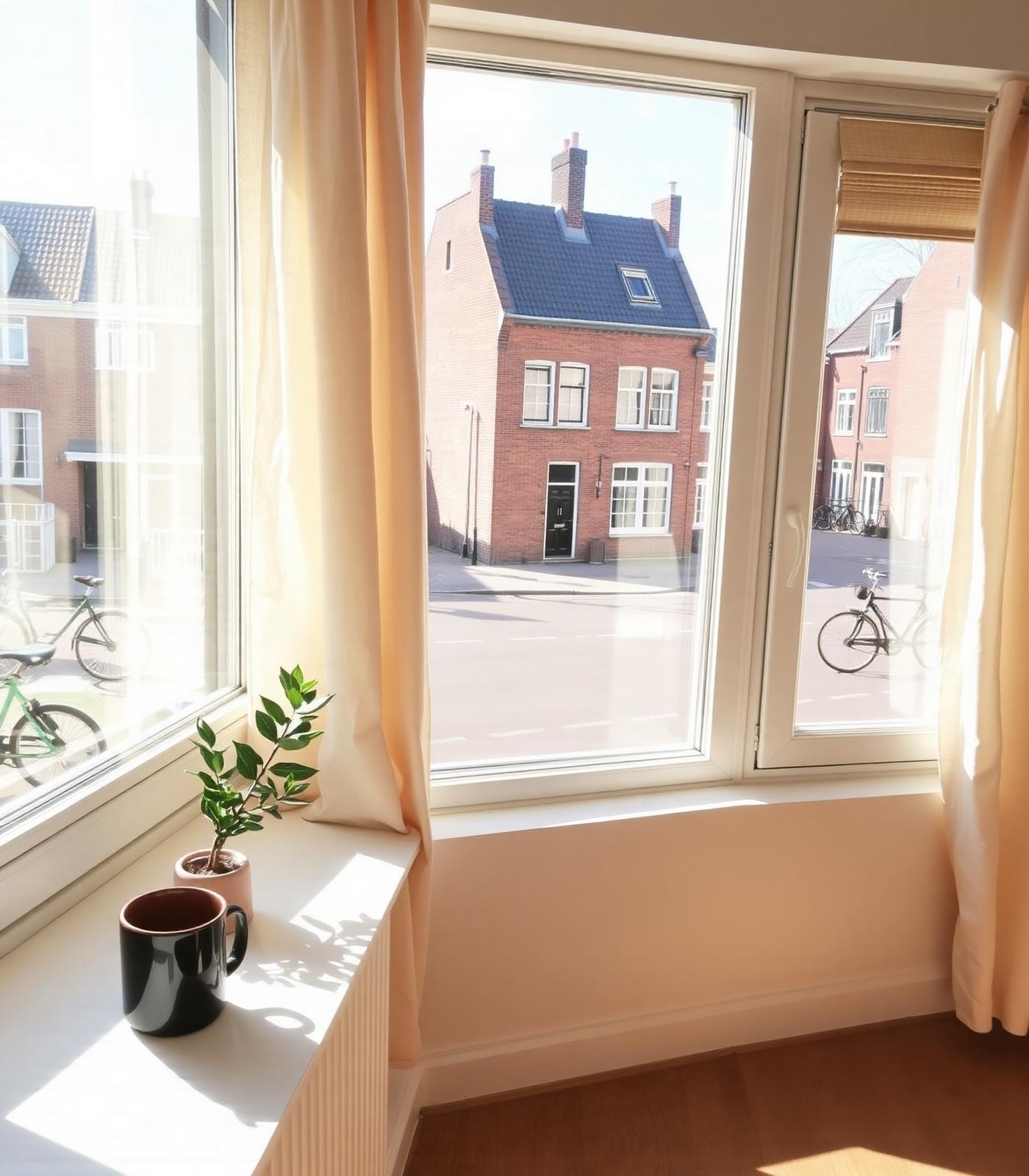 Sunlit window of a Dutch apartment overlooking a brick street in Eindhoven